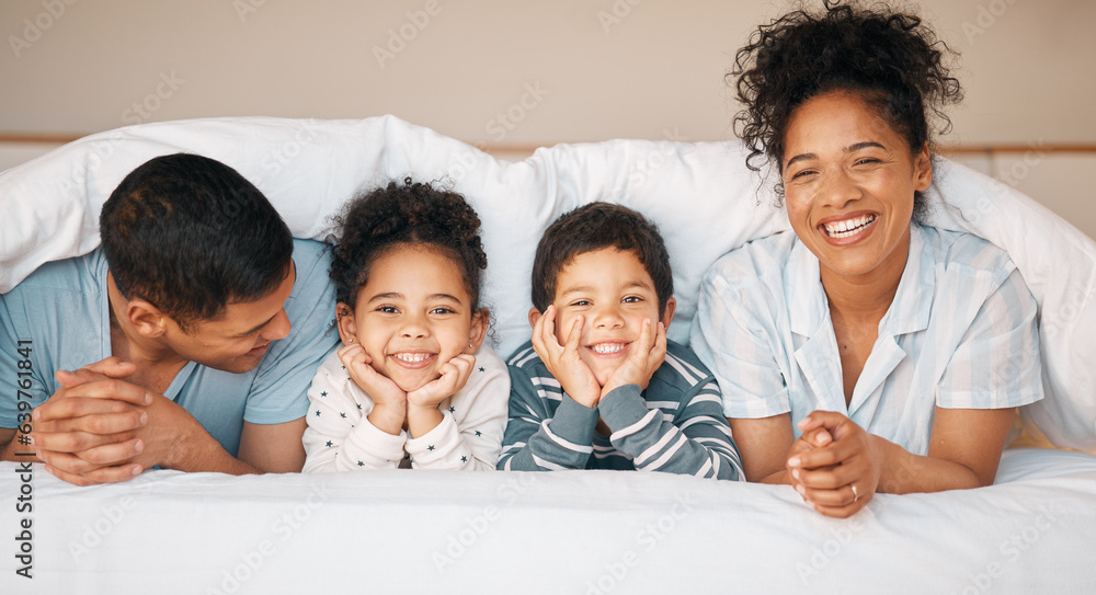 Smile, love and portrait with family in bedroom for playful, morning and happy. Care, support and wa