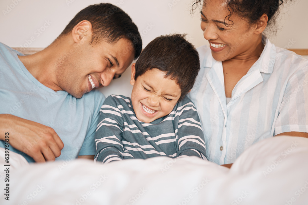 Happy, tickle and funny with family in bedroom for playful, morning and love. Care, support and wake