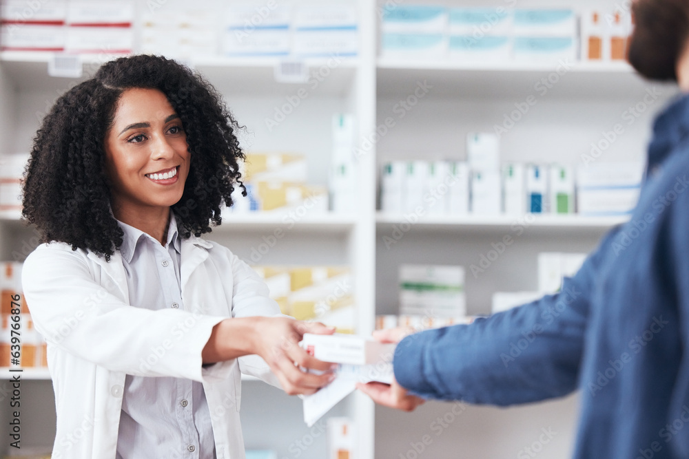 Pharmacist, woman and smile with customer service in store with healthcare and medical help. Pharmac