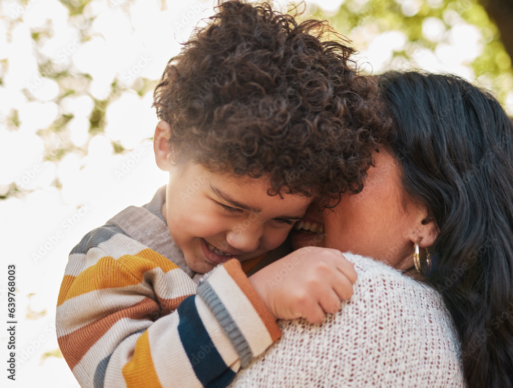 Nature, love and mother with child hugging, playing and bonding at an outdoor park on adventure. Hap