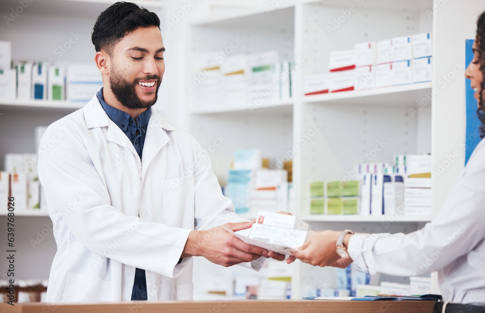 Pharmacist, man and smile with customer pills payment in store with healthcare and medical help. Pha