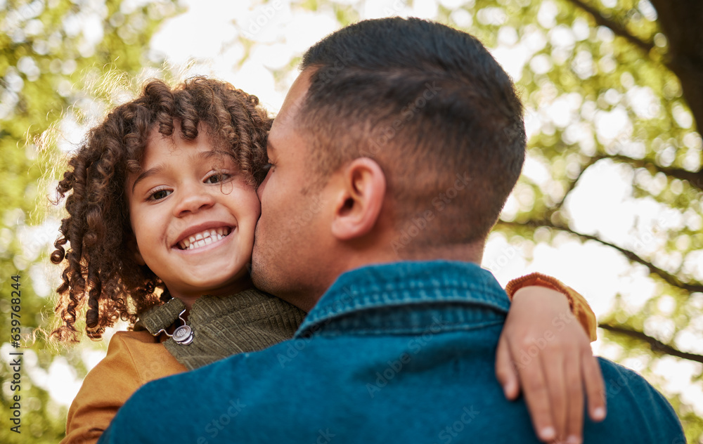 Kiss, portrait and a child and father in nature with a hug for playing, bonding or family. Happy, to