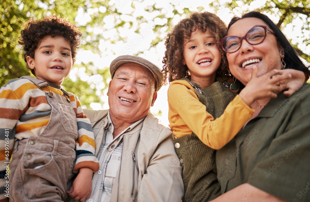 Grandparents, children and portrait with a smile in park, garden or happy family relax together outd