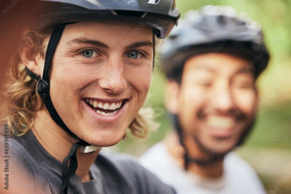 Smile, portrait and a man with a cycling selfie in nature for fitness, travel or adventure memory. H