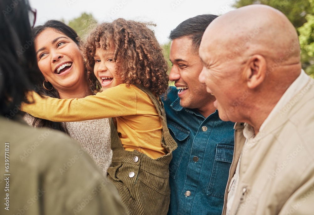 Happy family, grandparents and parents playing with kid in a park together and for vacation or outdo