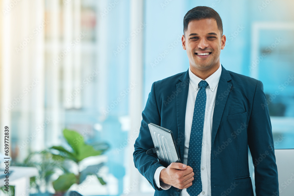 Business man, tablet and portrait in office with web management and work pride. Employee, confidence