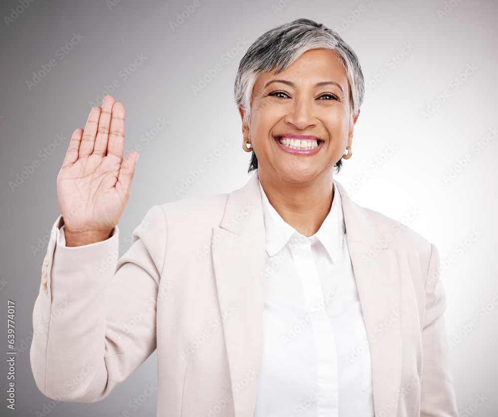 Smile, wave and portrait of a woman on a studio background for hello, welcome or a pledge. Happy, ma