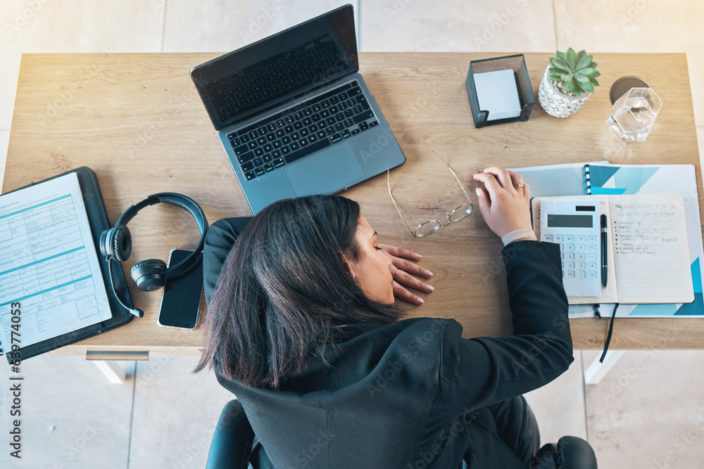 Desk, sleeping and woman above in a finance office with rest and nap from work burnout. Accountant, 