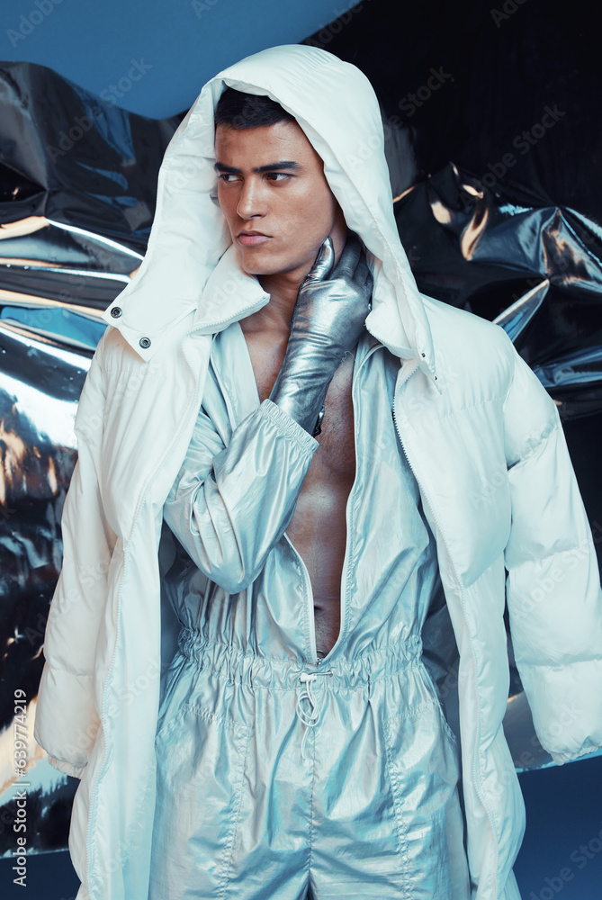 Futuristic, fashion and man with jumpsuit and vaporwave ski style with sci fi and gen z clothing in 