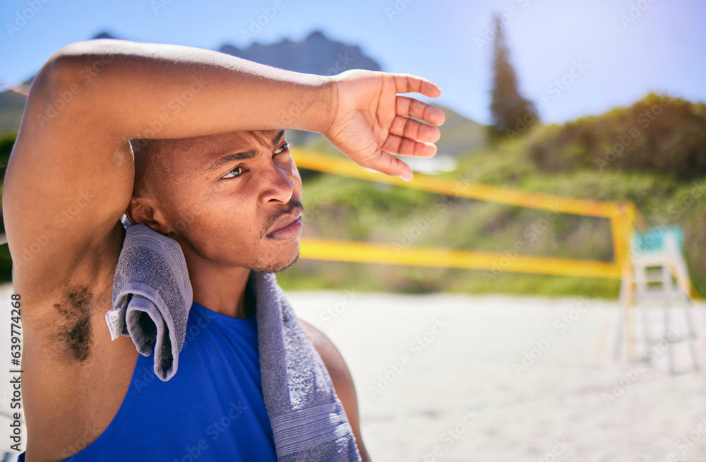 Tired man, volleyball and sports fitness on beach in match, game or intense outdoor competition in s