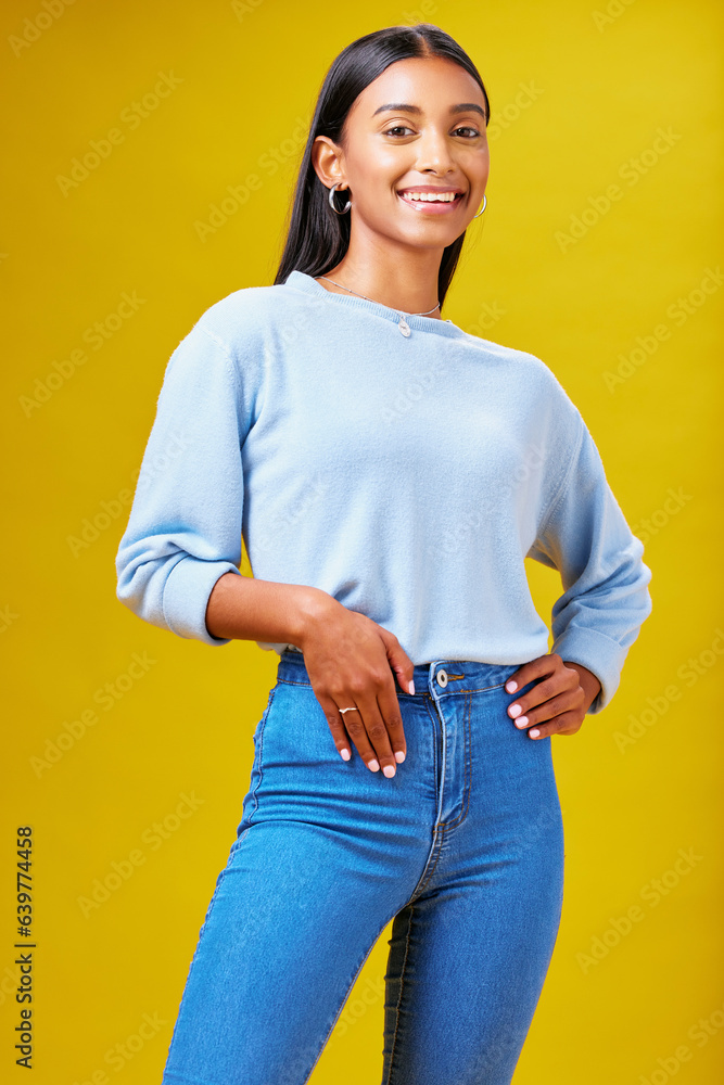 Smile, fashion and student with portrait of woman in studio for future, pride and happy. Youth, conf