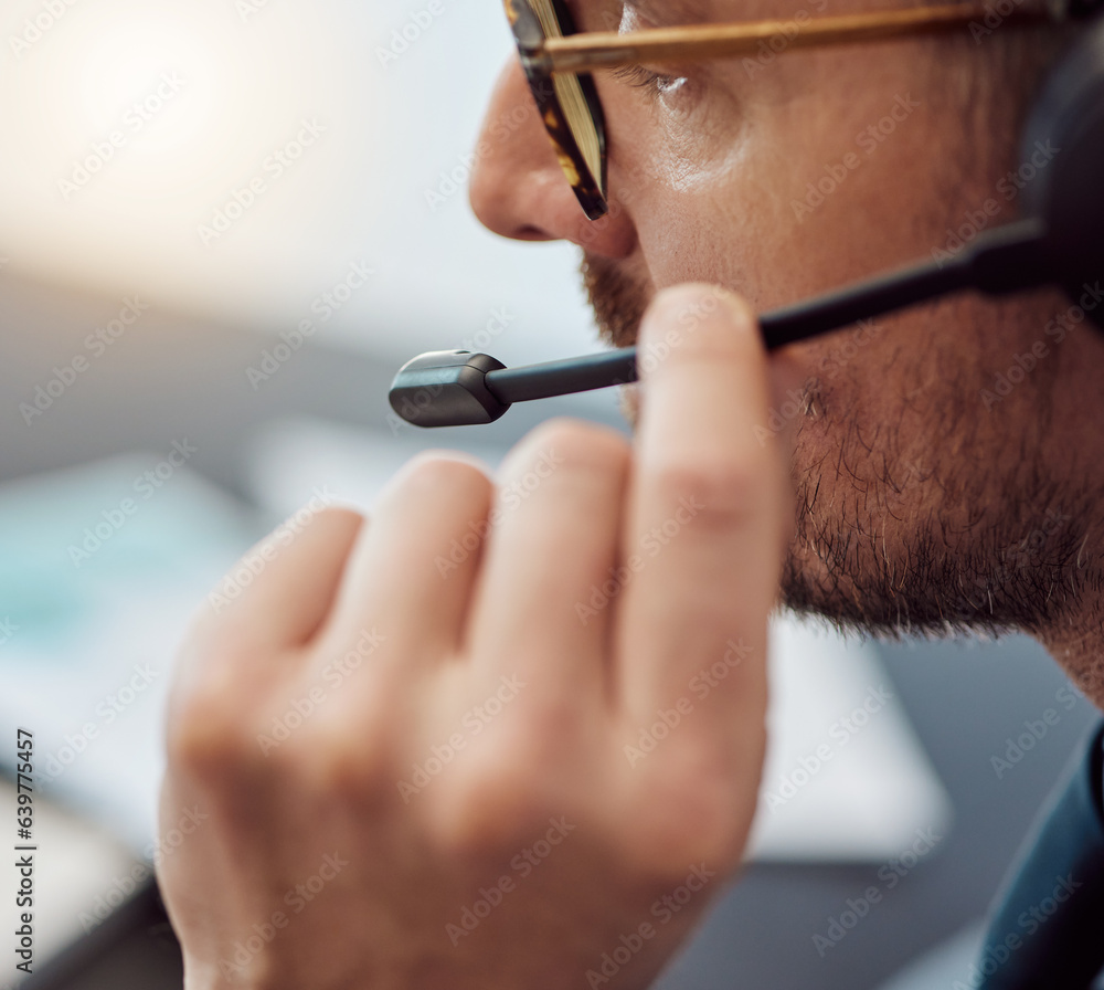 Businessman, call center and closeup of headphones in customer service, support or telemarketing at 