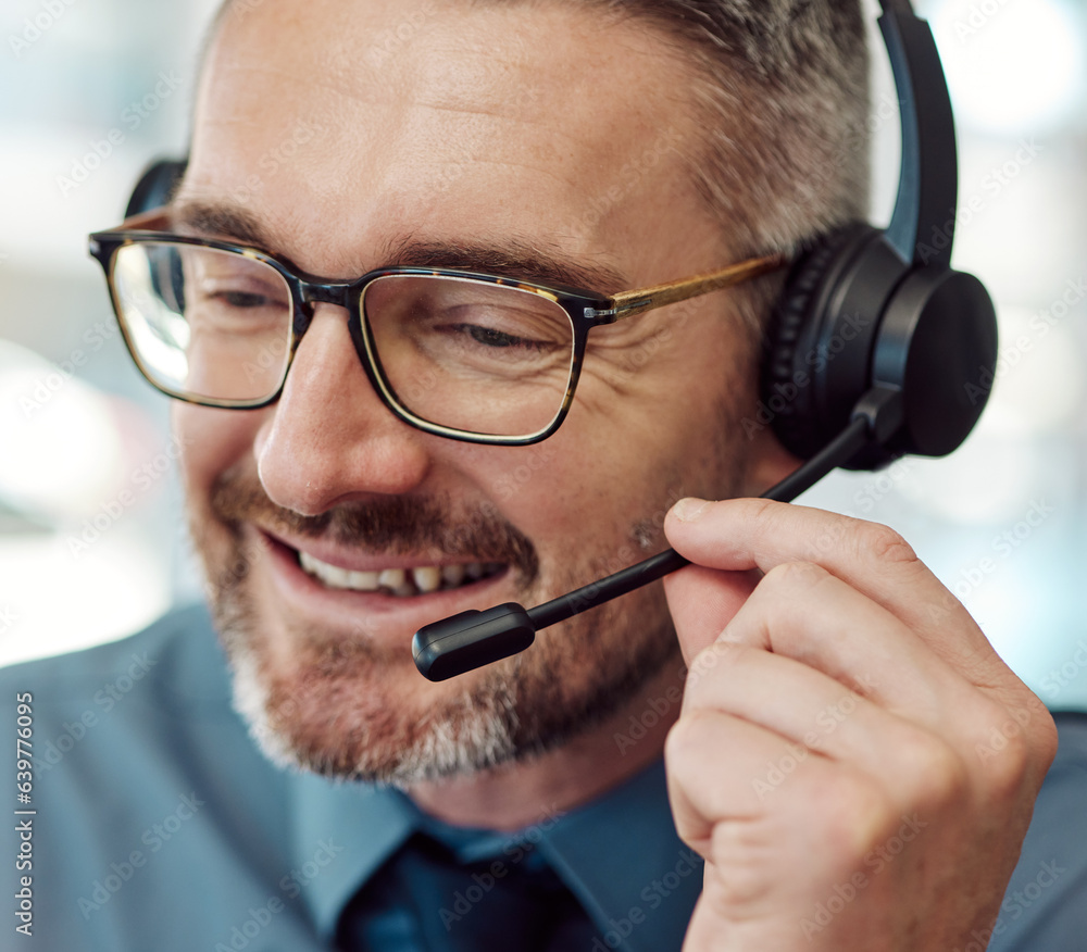 Happy man, face and call center with headphones in customer service, support or telemarketing at off