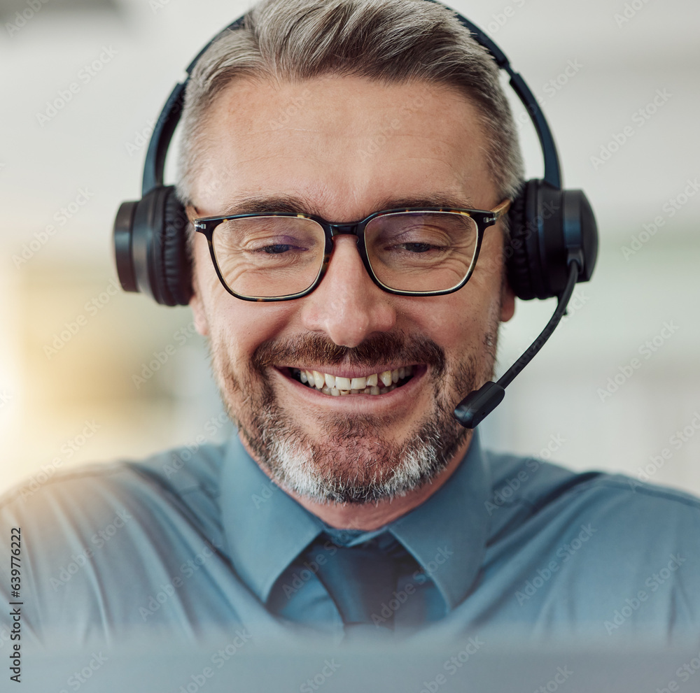 Senior, happy man and face in call center with headphones in customer service, support or telemarket