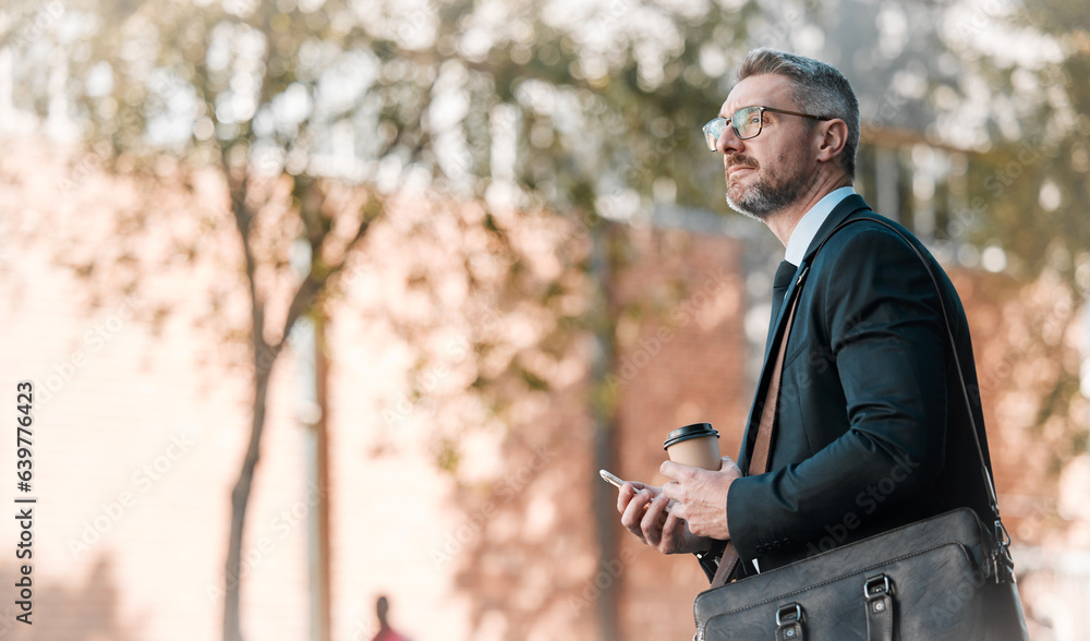 Mature business man, city and building, glasses and cellphone with coffee and bag in street on bokeh