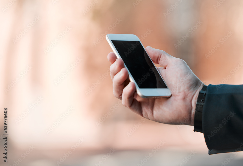 Business, hands and phone screen in city for travel, marketing and social media mockup in street. Pr