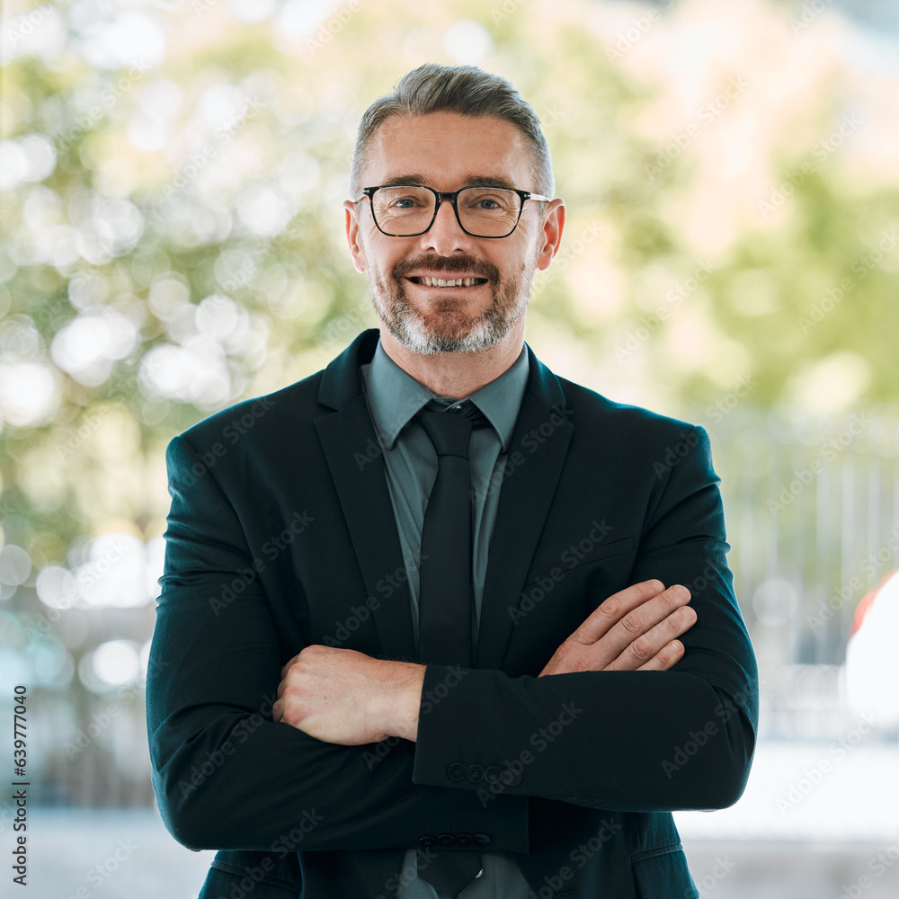 Portrait, smile and arms crossed with a business man outdoor in the city for corporate management or