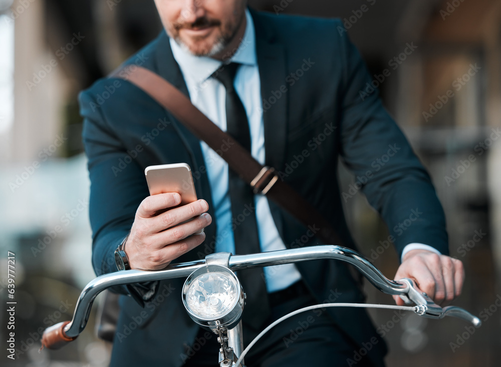 Businessman, phone in hands and bicycle outdoor for communication, travel and transportation. Entrep