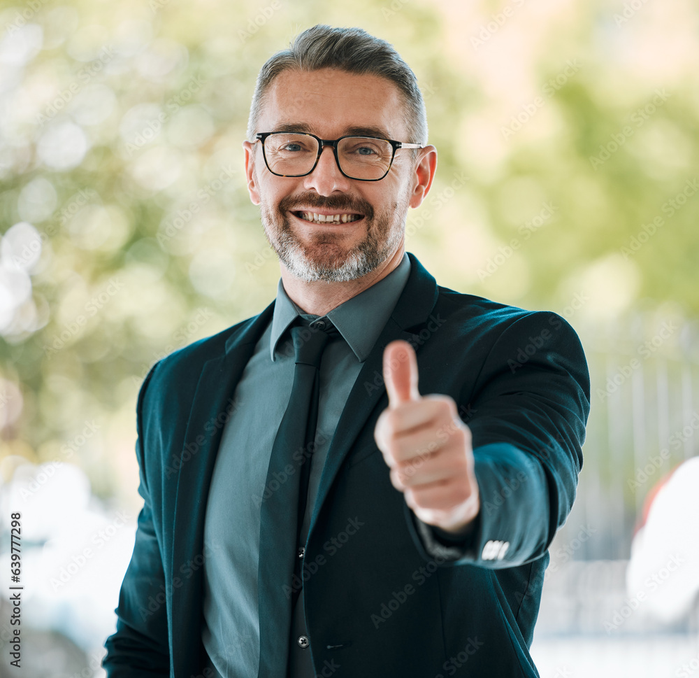 Thumbs up, business man and portrait outdoor for yes review, thank you or vote of trust. Mature corp