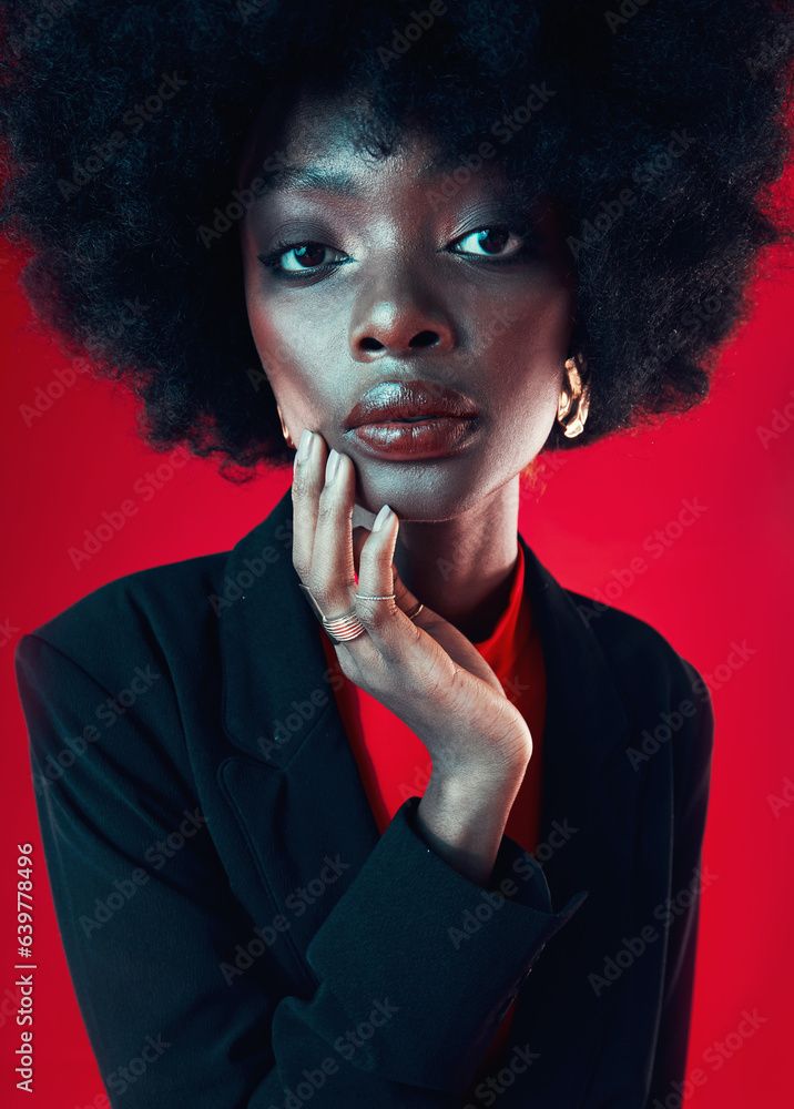 Black woman, face and afro, hair and beauty, makeup and shine isolated on red background. Hairstyle,