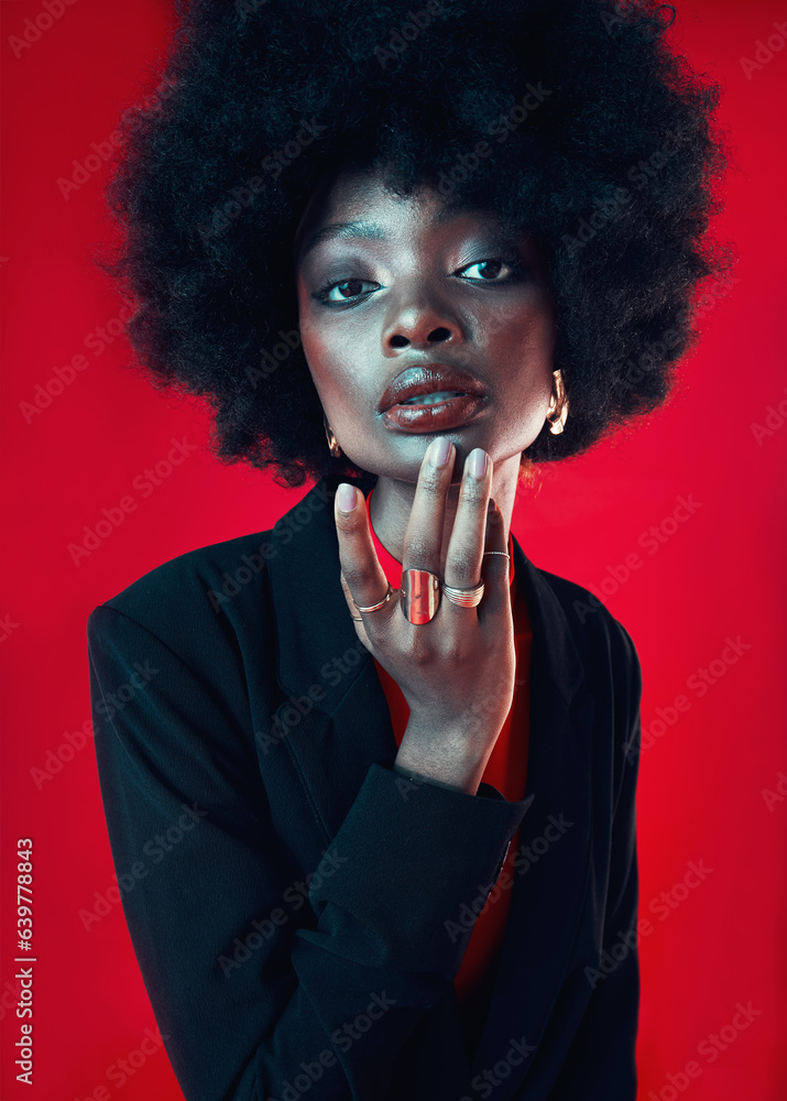 Black woman, portrait and afro, hair and beauty with makeup and shine isolated on red background. Ha