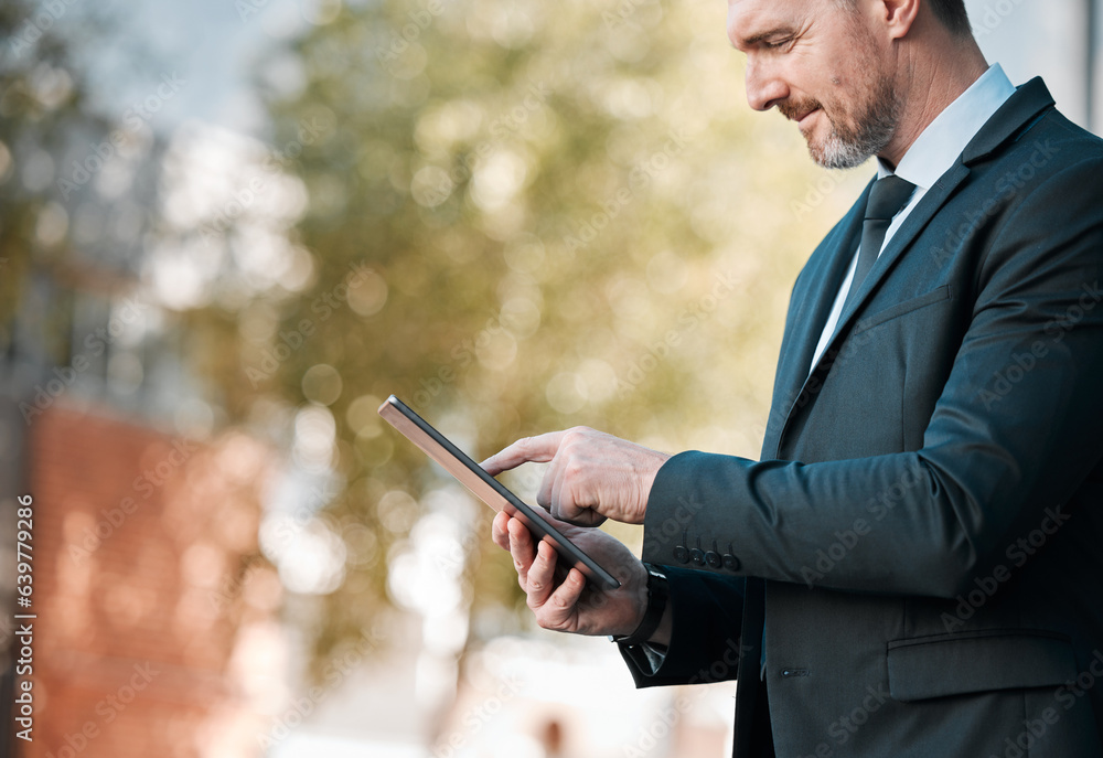 Outdoor, business and man with a tablet, typing and connection with social media, email notification