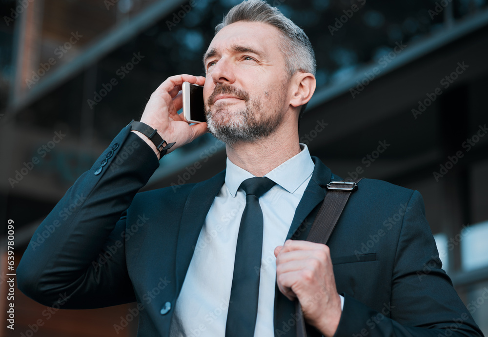 Business man, phone call and thinking in city for communication, conversation and networking. Corpor