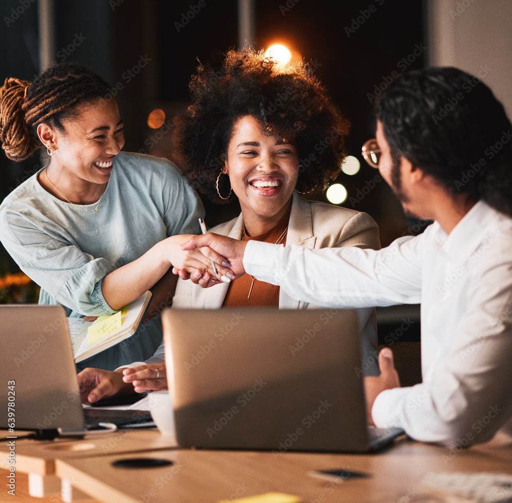 Night, handshake and business people in discussion in office with partnership, deal or collaboration