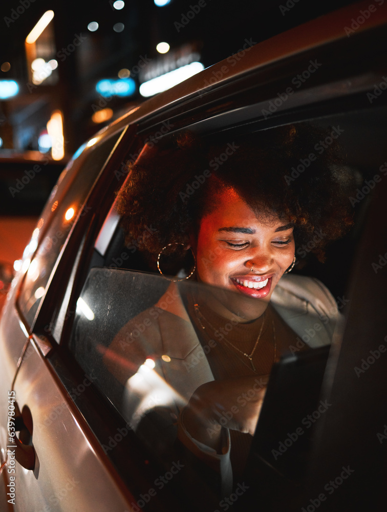 Car, woman and tablet at night with travel and taxi with a smile and social media networking. Motor 