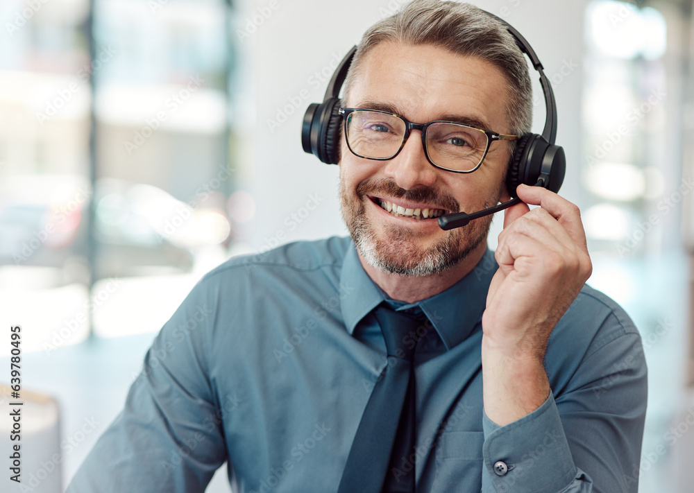 Senior, happy man and portrait of call center agent with headphones in customer service or telemarke