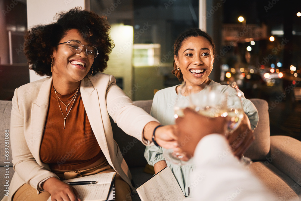 Black women, business people and night, wine and toast with celebration, deadline target or goals wi