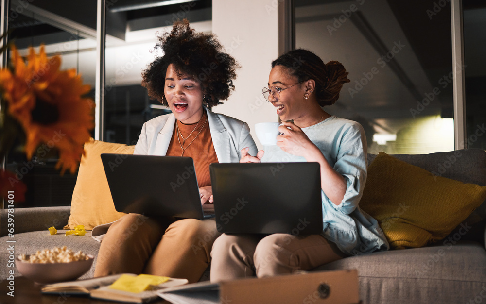 Women, laugh and laptop at night for teamwork, collaboration and working late in office. Communicati