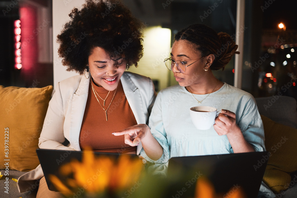 Women, coffee and laptop at night for teamwork, collaboration and working late in office. Communicat