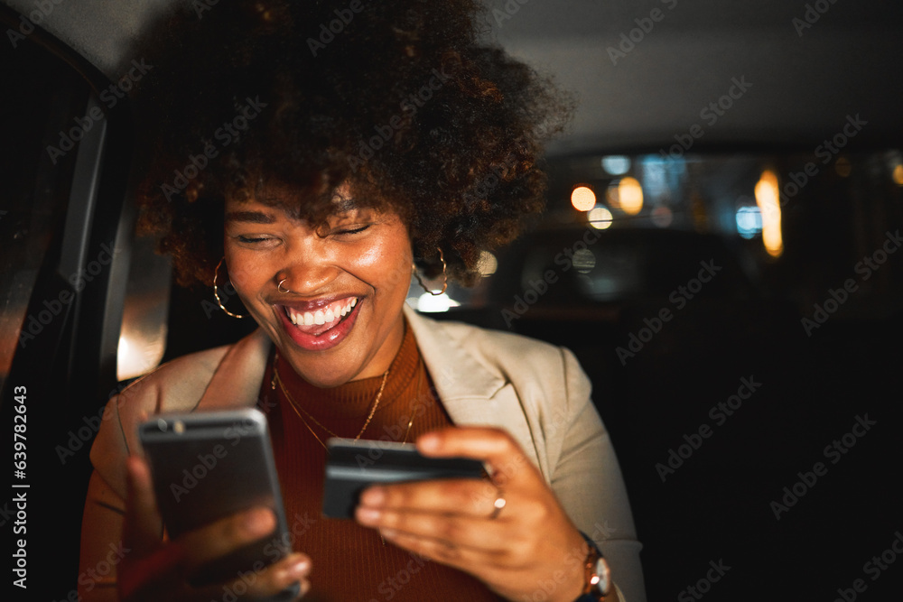 Black woman, smartphone and credit card, travel and online shopping in car at night, happiness and p