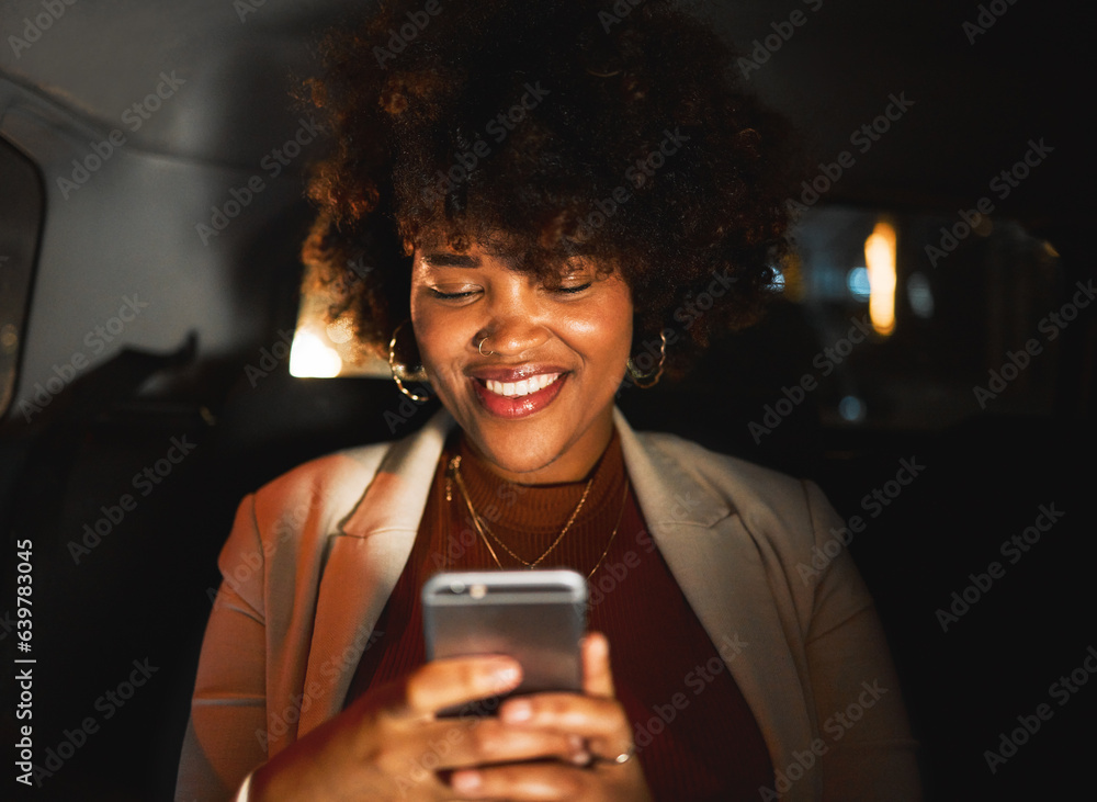 Black woman, afro and phone at night in taxi, travel or communication in social media or networking.