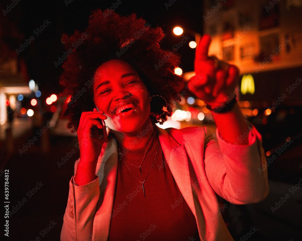 Businesswoman, phone call in street and city lights in the night, smile and pointing while waiting f