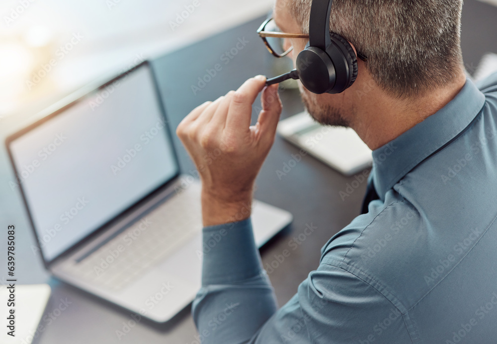 Businessman, laptop mockup and call center with headphones in customer service or telemarketing at o