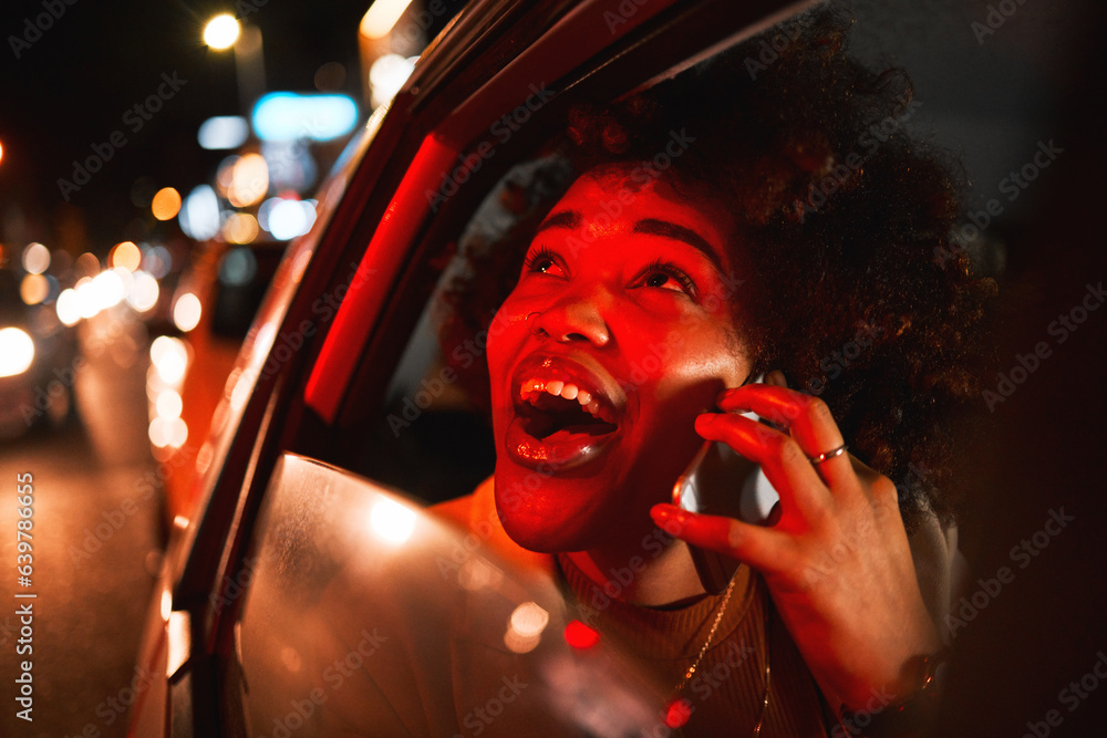 Happy black woman, phone call and car at night in city for communication, conversation or outdoor ne