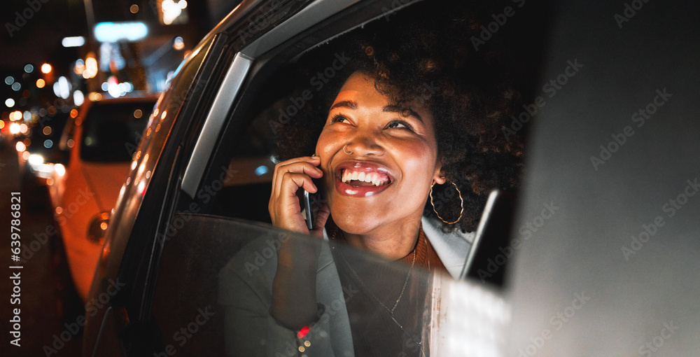 Travel, transportation and night, black woman and phone call, city view and communication with drive