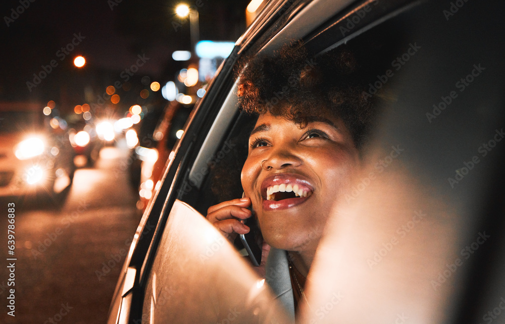 Travel, car and night, black woman and phone call, city view and communication with drive and smile 