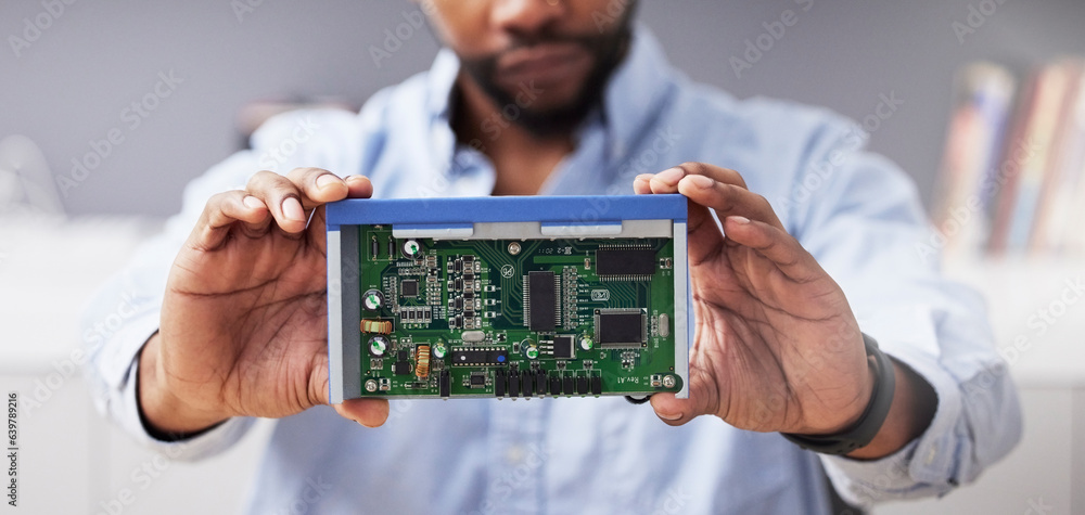 Circuit board, hands and technician with computer hardware, man in office with maintenance and elect