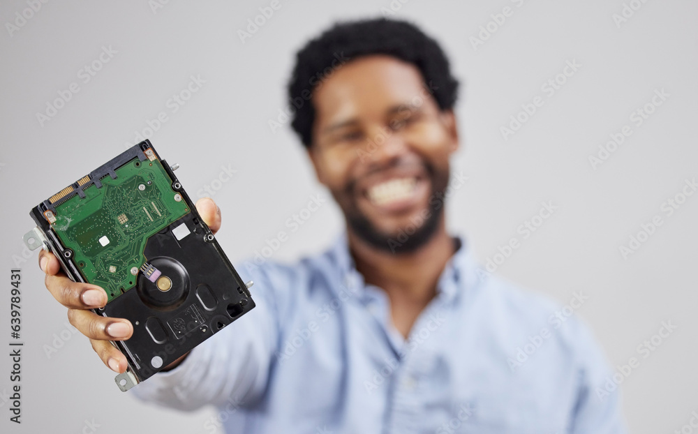 Black man, circuit board in hand and computer hardware, technician with maintenance and electronics 