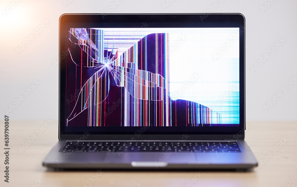 Screen crack, glitch and laptop problem with error, mistake and system warning with tech break. Isol