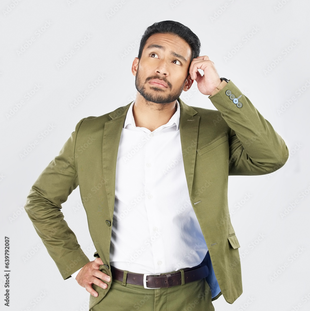 Business man, thinking and vision in studio with ideas, confused and questions by white background. 