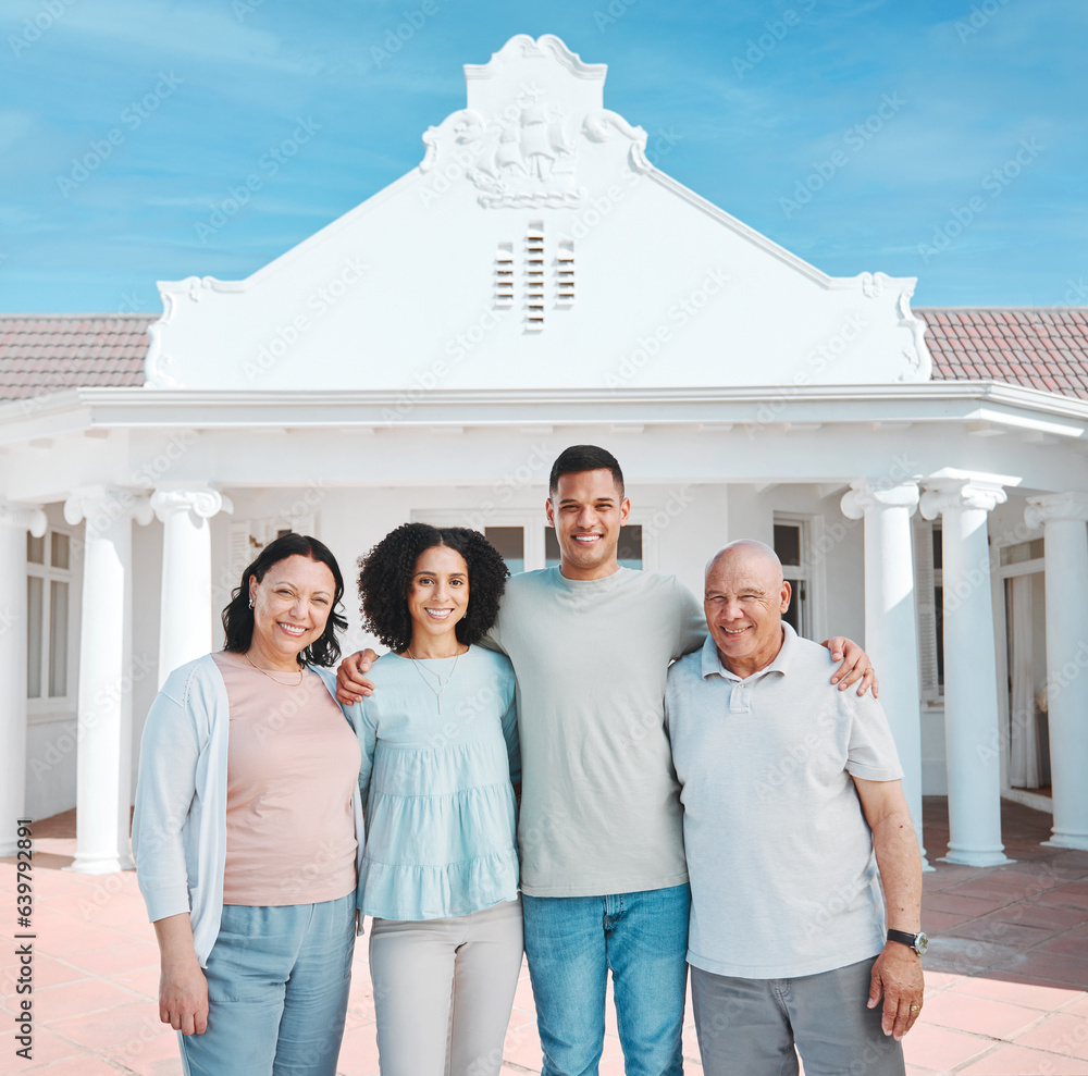 Happy, real estate and portrait of generations of family standing outdoor of new property or home in