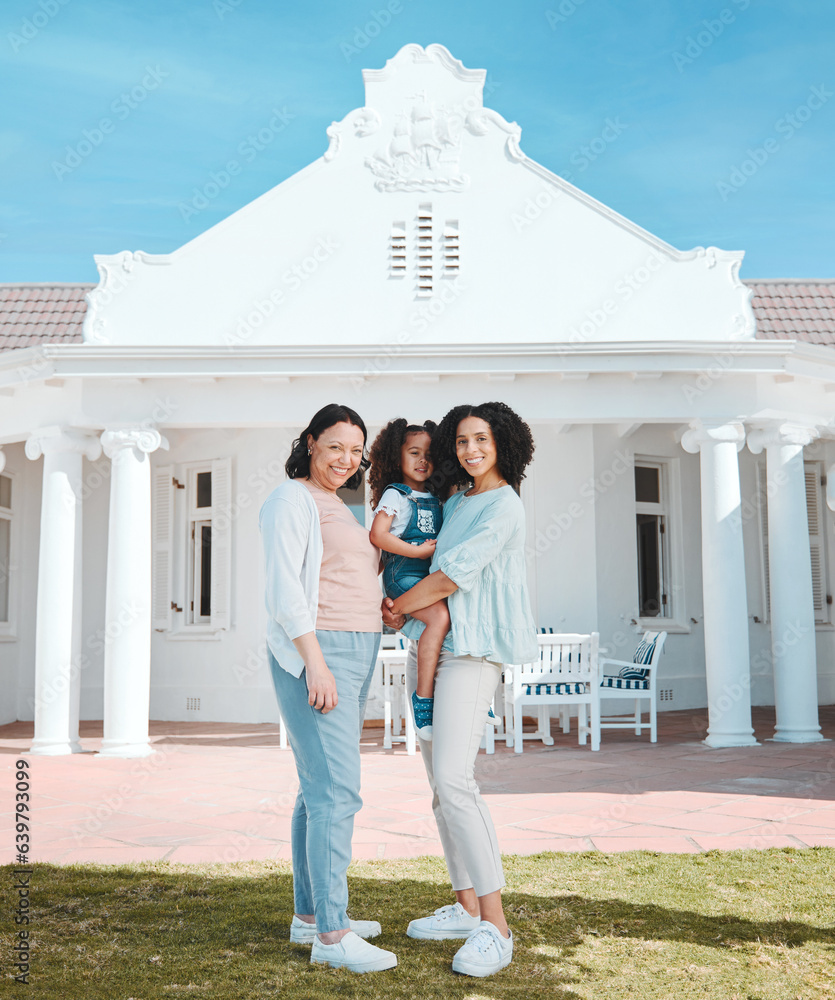 Portrait of grandmother, mother and girl by their new home, property or real estate backyard. Smile,