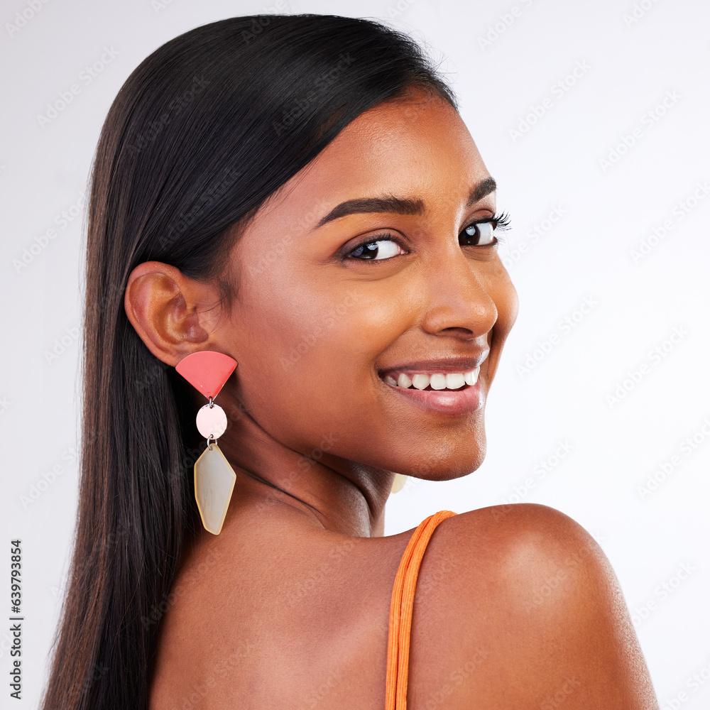 Face, skincare and beauty of happy woman in studio isolated on a white background. Portrait smile, n