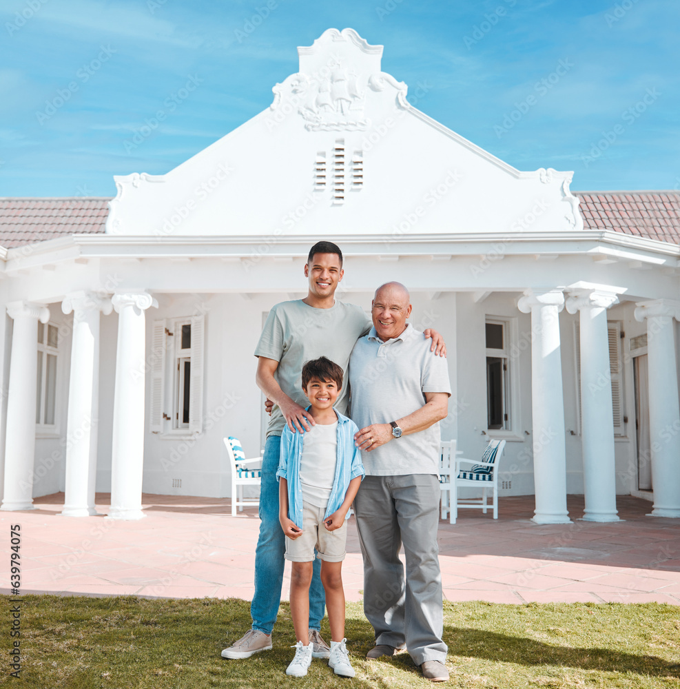 Portrait of grandfather, father and boy by new home, property or real estate backyard. Smile, happy 