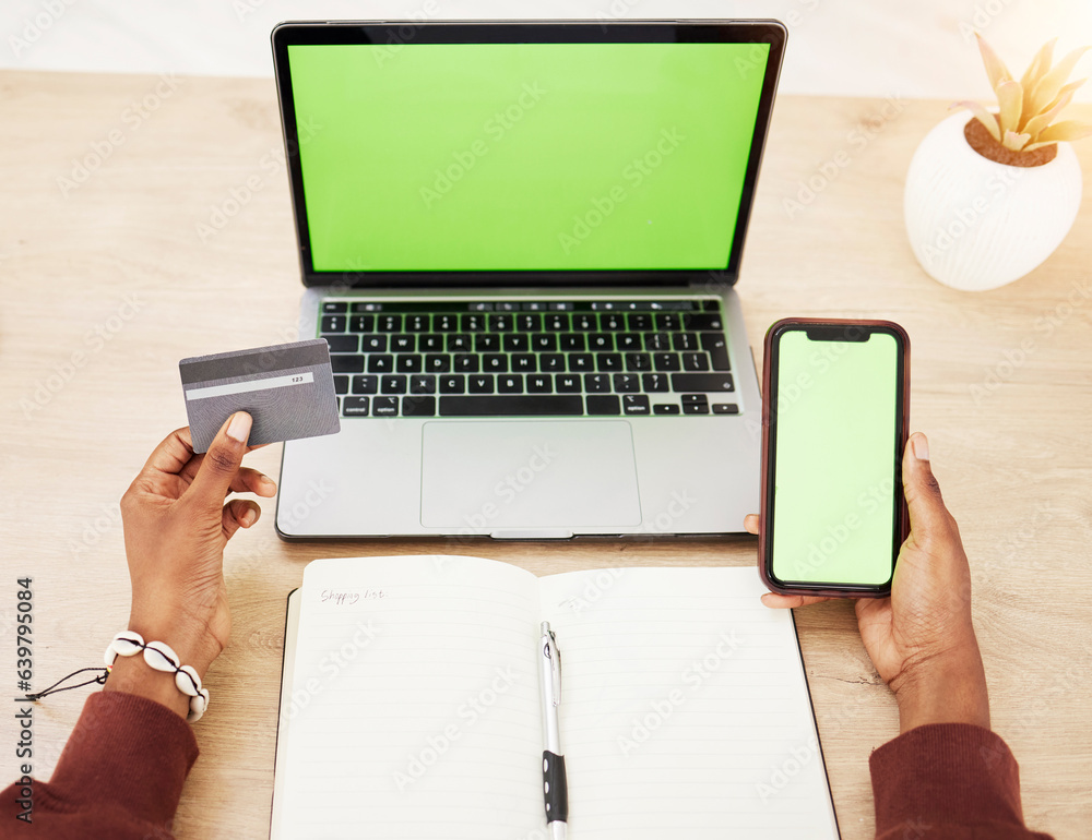 Woman, hands and laptop with phone green screen mockup and credit card in online shopping or banking