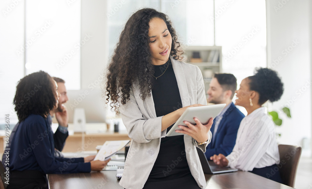 Business woman, planning and tablet in meeting with team for project management or discussion of dig